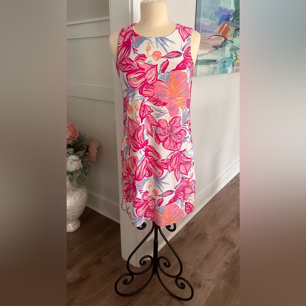 Aryeh Sleeveless Floral Shift Dress Size Small Pink Blue Tropical Print